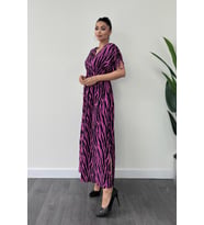 Viskon Kumaş Beli Lastikli Midi Elbise  - PEMBE