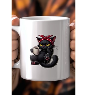 Kahve İçen Sevimli Kedi Tasarımlı 330ml Baskılı Beyaz Seramik Kupa Bardak