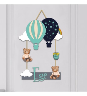 İsme Özel Bebek Odası Ahşap Kapı Süsü Balon (TURKUAZ)