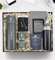 Kişiye Özel 3 Bardaklı 580 ML Çelik Termos & Alerya Premium Filtre Kahve & 500 ml Su Matarası & Telefon Cepli Gri Defter & Usb Kalem Hediye Seti