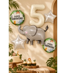 2 Yaş Fil Folyo Balonlu 5li Set ve Rakam Balon Safari Tema Balon Seti Set42