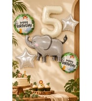 2 Yaş Fil Folyo Balonlu 5li Set ve Rakam Balon Safari Tema Balon Seti Set42