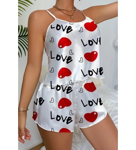 Love Desenli Beyaz Saten Şortlu Gecelik Takım