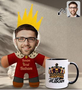 BK Gift Kişiye Özel Fotoğraflı Kral Babam Tasarımlı Bebek Yastık-1 & Siyah Kupa Bardak Hediye Seti-17, Babalar Günü Hediye, Babaya Hediye