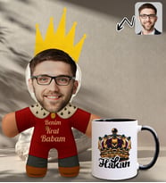 BK Gift Kişiye Özel Fotoğraflı Kral Babam Tasarımlı Bebek Yastık-1 & Siyah Kupa Bardak Hediye Seti-17, Babalar Günü Hediye, Babaya Hediye