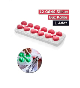 1 Adet 12 Gözlü Kalpli Silikon Kalpli Buzluk Kalıbı Kapaklı (Çok Renkli)