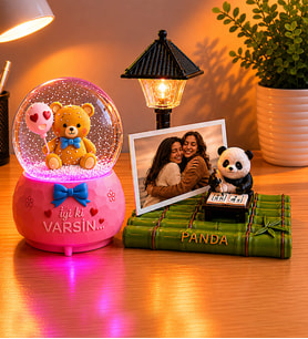 Kişiye Özel Fotoğraflı İyi Ki Varsın Panda Kar Küresi & Sevimli Panda Masa Lambası