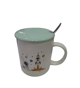 GFTPNT Porselen Kupa Bardak Mug Hediyelik Ürün Beyaz Tekli Yeşil Kapaklı , Metal Kaşıklı