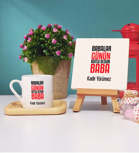 Babalar Günü Hediyesi -2- Ahşap Altlıklı Türk Kahvesi Fincanı ve Dekoratif Taş Baskı