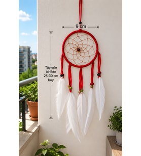 Kırmızı El Yapımı Düş Kapanı – Bohem Duvar Dekoru 9 cm Kasnak 25-30 cm Boy