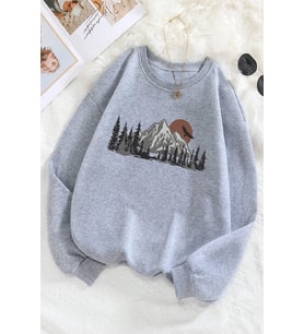 Mountain Baskılı Oversize Sweatshirt (Gri)