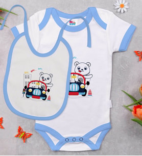 BK Kids Sevimli Sürücü Tasarımlı Mavi Bebek Body Zıbın ve Mama Önlüğü Hediye Seti-1