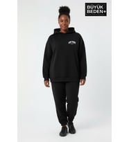 Kadın Büyük Beden New York Baskılı Kapüşonlu Sweatshirt SPR26BSWK962 (Siyah)