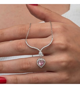 Gümüş Pembe Zirkon Taşlı Kalp Kadın Kolye