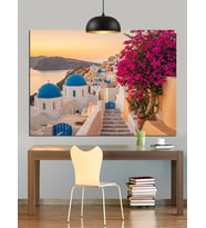 Santorini Mavi Beyaz Evler Dekoratif Kanvas - Mdf Ahşap Tablo