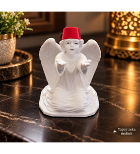 Melek Biblo Kanatlı Melek Figürü Beyaz Kırmızı Fes Dekoratif Masa Süsü 10x9 cm