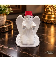Melek Biblo Kanatlı Melek Figürü Beyaz Kırmızı Fes Dekoratif Masa Süsü 10x9 cm