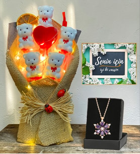 Led Işıklı Ayıcık Buketi ve Gerçek Ametist Taşlı Lotus Kolye  Hediye Seti