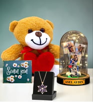 Kişiye Özel Led Işıklı Fanus & Ametist Taşlı Lotus Kolye & Kalpli Peluş Ayıcık Seti (Model 4)