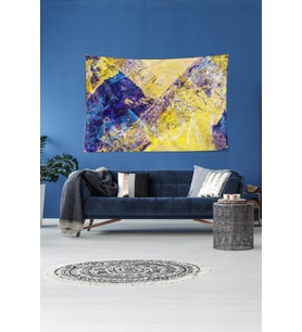 Geometrik Renk Bloklu Leke Tutmaz Kadife Dokulu Kumaş Duvar Örtüsü Duvar Halısı Tapestry (Sarı-Mor)