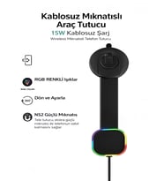 FHD-15 360° Kablosuz 15W Şarj Mıknatıslı Torpido İçin RGB Işıklı Araç İçi Telefon Tutucu