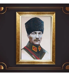 Altın Varaklı Çerçeveli Paspartulu Atatürk Tablo z5077 (Gold)