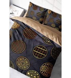 Lastikli Çarşaflı %100 Pamuk Saten Çift Kişilik Nevresim Takımı Gold Black Circle