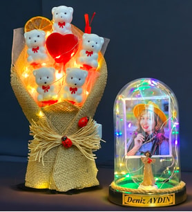 Size Özel Renkli Led Işıklı Fanus ve Led Işıklı Ayıcık Buketi Hediye Seti (Model 6)