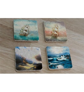 Ivan Aivazovsky Deniz ve Yelkenliler Doğal Taş Bardak Altlığı 4'lü set - Natural Stone Coasters