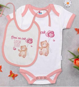 BK Kids Beni En Çok Dayım Sever Tasarımlı Pembe Bebek Body Zıbın ve Mama Önlüğü Hediye Seti-1
