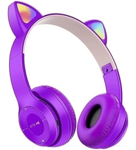 p47m Kedili Katlanabilir Kulak Üstü Kablosuz Bluetooth 5.0 Kulaklık Ledli Çocuk Kulaklık Mor