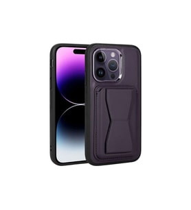 Apple iPhone 14 Pro Uyumlu Kılıf Kartlıklı Standlı Pu Deri Zore Memo Kapak (Koyu Mor)