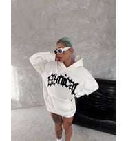 Unisex Üç İplik Kapşonlu Baskılı SweatShirt - Beyaz