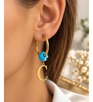 CM Jewelry C Harfi Nazar Boncuklu 316L Çelik Halka Küpe