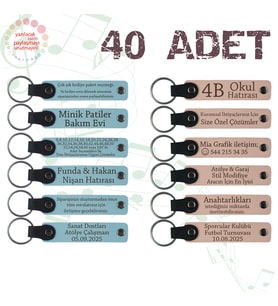 Gök Mavi & Pudra, 40’lı Set, İsimli Anlamlı Deri Anahtarlık, Firma Açılışında Dağıtılacak Hediye