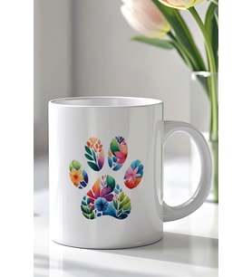 Çiçekli Pati Desenli 330ml Baskılı Beyaz Seramik Kupa Bardak