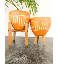 Bitki Tasarımı Dik Çizgi Desenli Terrakota Toprak Saksı Saksılık Salon Çiçeklik İkili Set 3 Ayaklı- 4 Ayaklı- 15 Cm