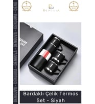 #Termos Hediyelik Mat Isı Yalıtımlı Vakumlu Paslanmaz 500ml Bardaklı Çelik Termos Set Siyah