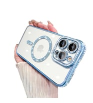 Apple iPhone 16 Pro için Magsafe ile uyumlu Kılıf Simli Kamera Kenar Taşlı Kapak (Mavi)