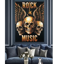Rock Müzik Kafatası Simgesi Dekoratif Kanvas - Mdf Ahşap Tablo