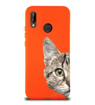 Huawei P 20 Lite Uyumlu Lansman Kılıf Catface Tasarımlı İçi Kadife Kapak-Turuncu (Şeffaf)