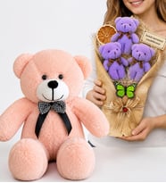 Kişiye Özel Yazılı Mor Büyük Boy Peluş Ayıcık Buketi ve 50 cm Pembe Peluş Ayıcık Hediye Seti
