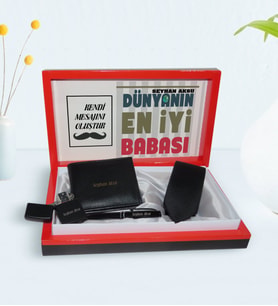 BK Gift Kişiye Özel Dünyanın En İyi Babası Tasarımlı Mesajlı Kutuda Cüzdan Kravat Çakmak ve Kalem Hediye Seti-1