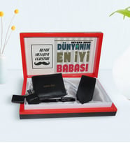 BK Gift Kişiye Özel Dünyanın En İyi Babası Tasarımlı Mesajlı Kutuda Cüzdan Kravat Çakmak ve Kalem Hediye Seti-1