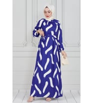 Fırça Desen Saten Tesettür Elbise-Mavi