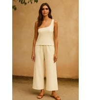 Mulvxbrf Brf02 Kadın Beyaz Tek Omuzlu Şık Bluz & Geniş Paça Pantolon İkili Takım (Mulvix)