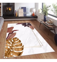 Beyaz Zemin Gold Yaprak Desenli Yıkanabilir Kaymaz Taban Leke Tutmaz Modern Salon Halısı ve Yolluk