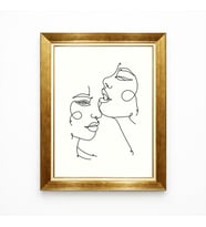Tablore Line Art Tek Çizgi İki Kadın Yüzü Gold Çerçeveli Tablo Minimalist Modern Yatak Odası Salon Tablosu
