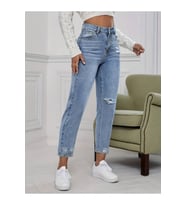 Kadın Açık Mavi Yırtık Mom Fit Kot Pantolon