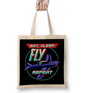 Eat Sleep Fly Repeat Airplane Pilot Aviation Pun Bez Çanta Uzun Saplı